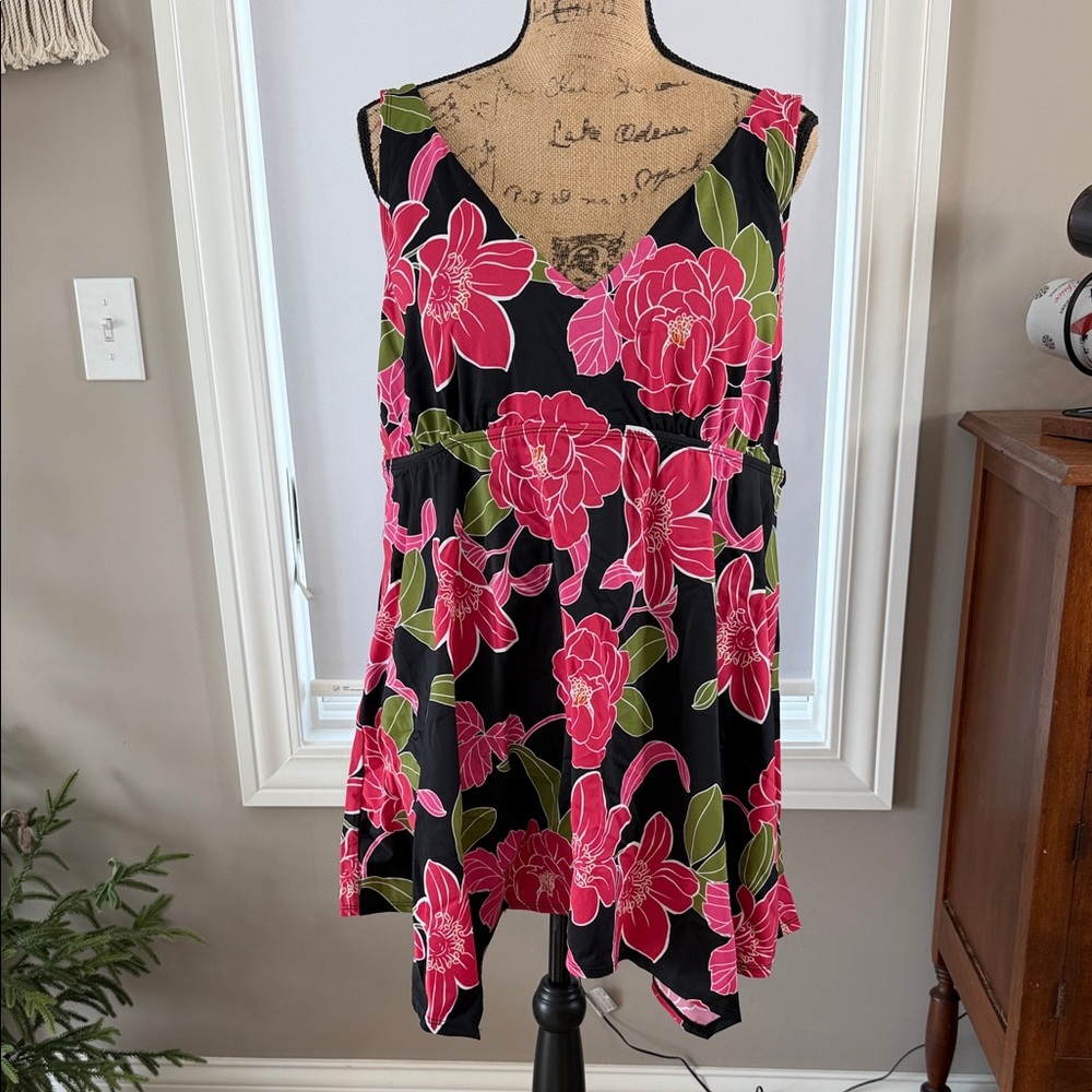 Women's Black Swim Dress with Pink Floral Print